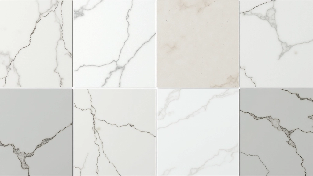 Campionario di piastrelle disposte in griglia mostrando diversi materiali: ceramica, gres porcellanato e marmo naturale con finiture lucide e opache