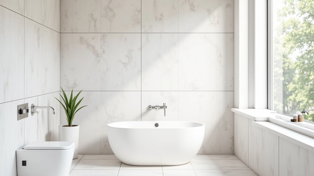 Diverse dimensioni di piastrelle da piccole a grandi formato, disposte per mostrare scale diverse in ambiente bagno moderno