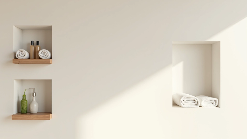Parete bagno con nicchia quadrata contenente asciugamani arrotolati bianchi, accanto a due mensole in legno con flaconi e piante