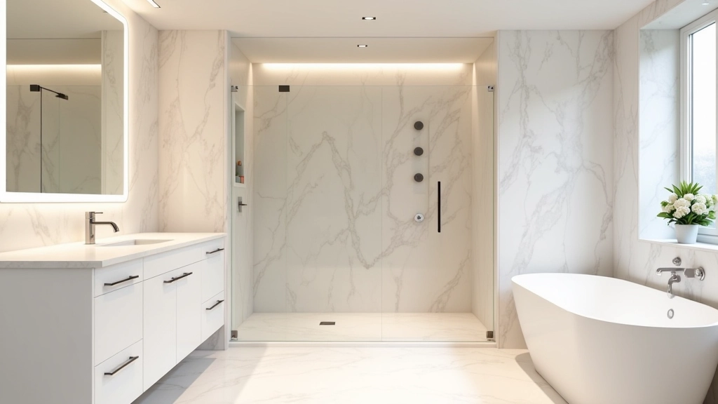 Bagno con marmo travertino, doccia walk-in con vetro, specchio grande illuminato, armadietti integrati bianco opaco