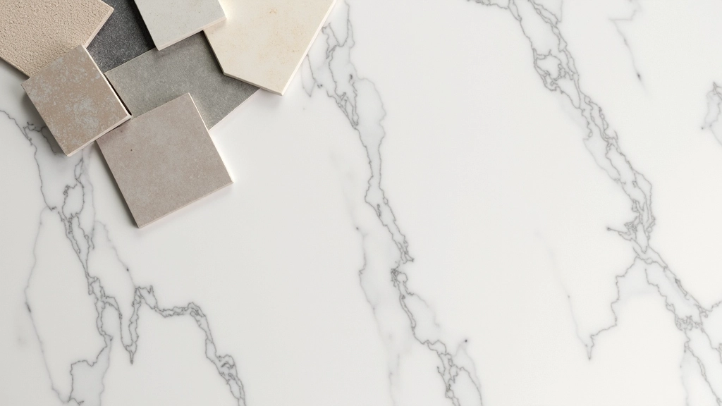 Diverse piastrelle ceramiche con texture e colori, campioni di piastrelle per bagno disposte su superficie di marmo