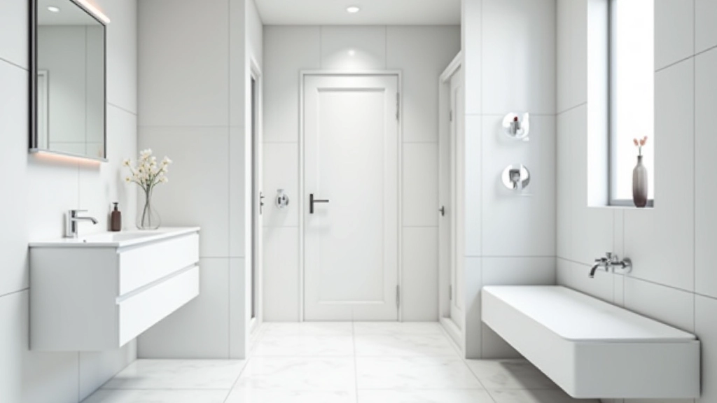Bagno completo arredato con sanitari coordinati, colori neutri bianco e grigio, rubinetteria cromata coerente, piastrelle in toni naturali, specchio minimalista, composizione equilibrata, luce naturale