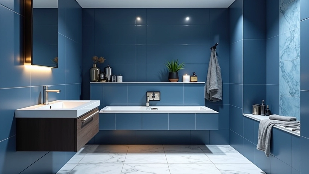 Bagno contemporaneo con piastrelle blu scuro, lavabo rettangolare sospeso, illuminazione a LED integrata, design moderno italiano
