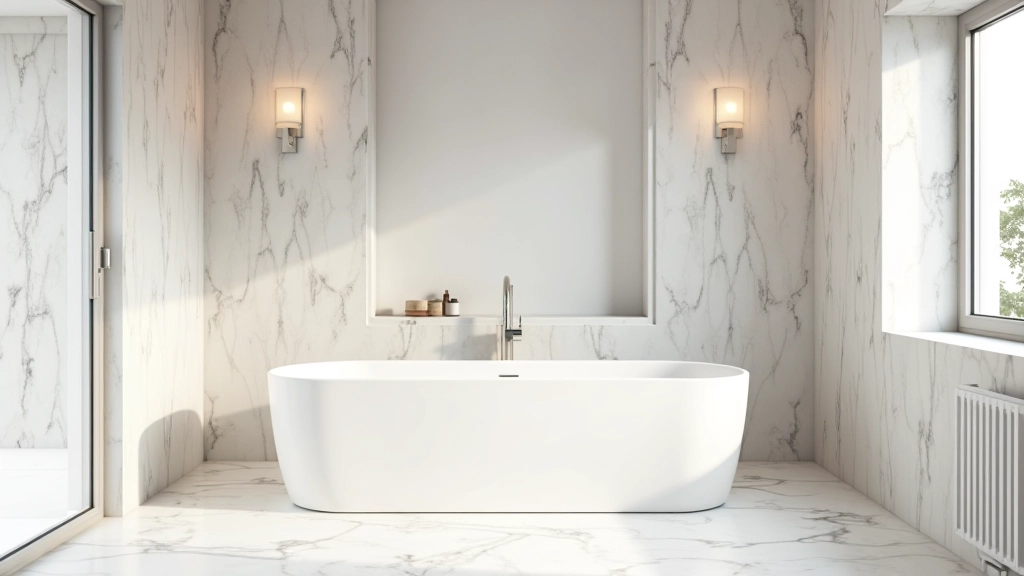 Bagno contemporaneo con vasca freestanding bianca, parete in marmo naturale, rubinetteria minimalista, finestra con luce naturale