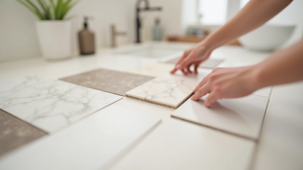 Mano che tocca diverse piastrelle di ceramica e marmo, campionario di texture in stile minimalista moderno