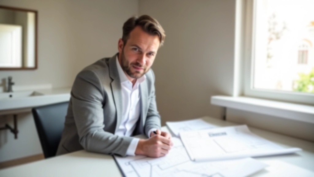 Designer bagno che esamina campioni di marmo e piastrelle su tavolo di lavoro, studio con documenti di progetto, luce naturale dal finestrino