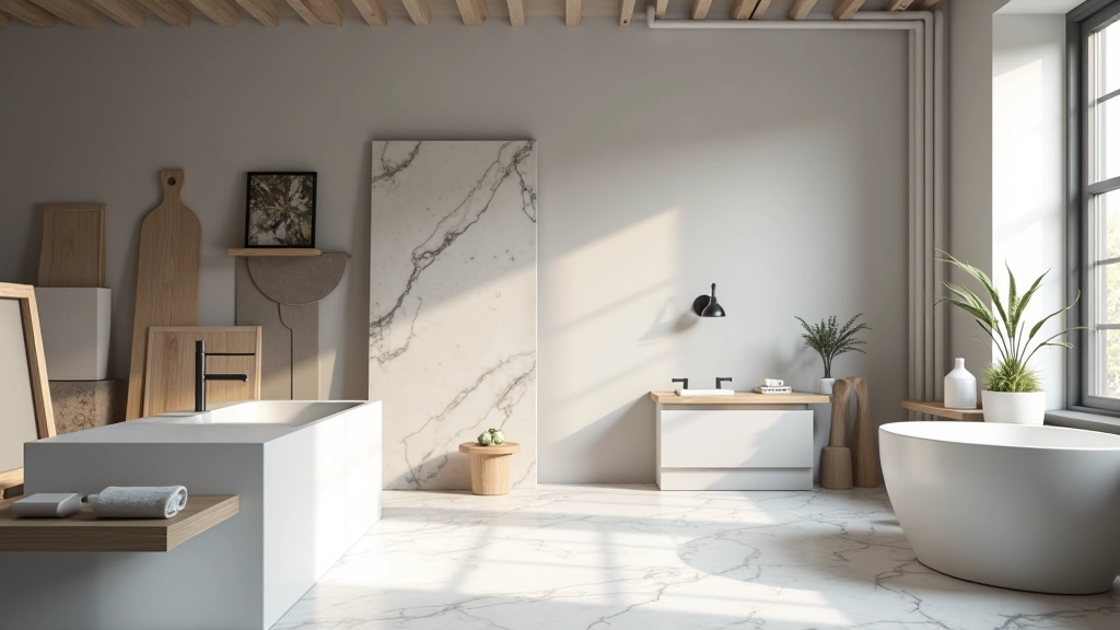 Studio di design con campioni di marmo di Carrara e materiali per ristrutturazione