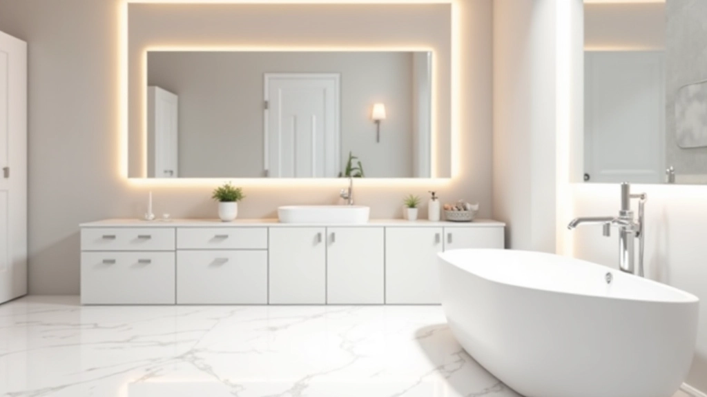 Bagno di lusso con marmo bianco di Carrara, vasca indipendente moderna, rubinetteria cromata, specchio grande con cornice, illuminazione ambientale calda