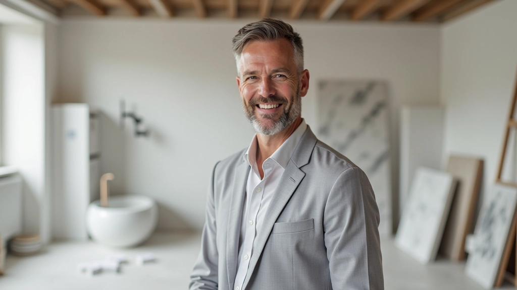 Marco Benedetti al lavoro in uno studio di design, circondato da campioni di marmo, piastrelle e progetti di ristrutturazione di bagni italiani