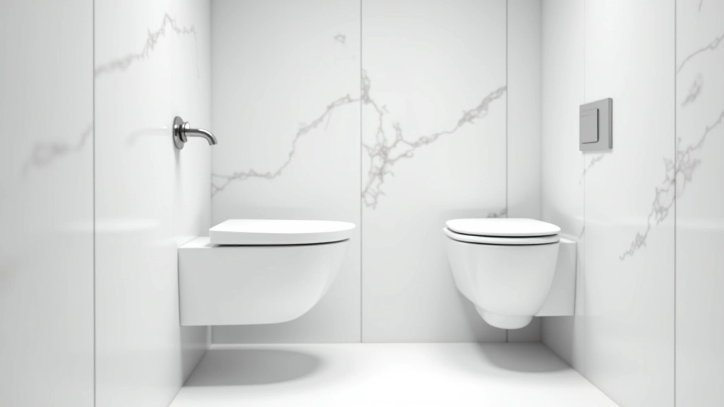 Bagno minimalista con piastrelle bianche geometriche, sanitari sospesi, stoccaggio murale, design scandinavo pulito