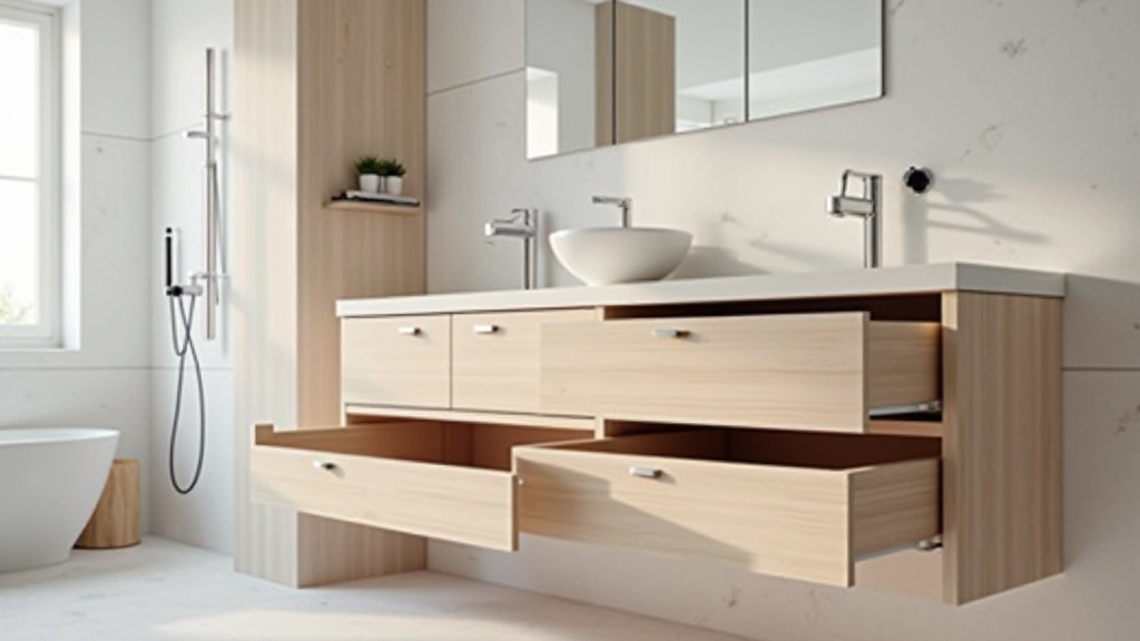Armadietto bagno moderno con mensole regolabili e cassetti in legno chiaro