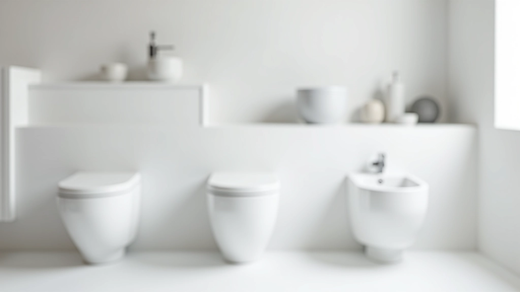 Selezione di sanitari moderni in ceramica bianca e grigio chiaro, forme minimaliste, disposizione su ripiani bianchi in studio fotografico, illuminazione naturale, dettagli nitidi