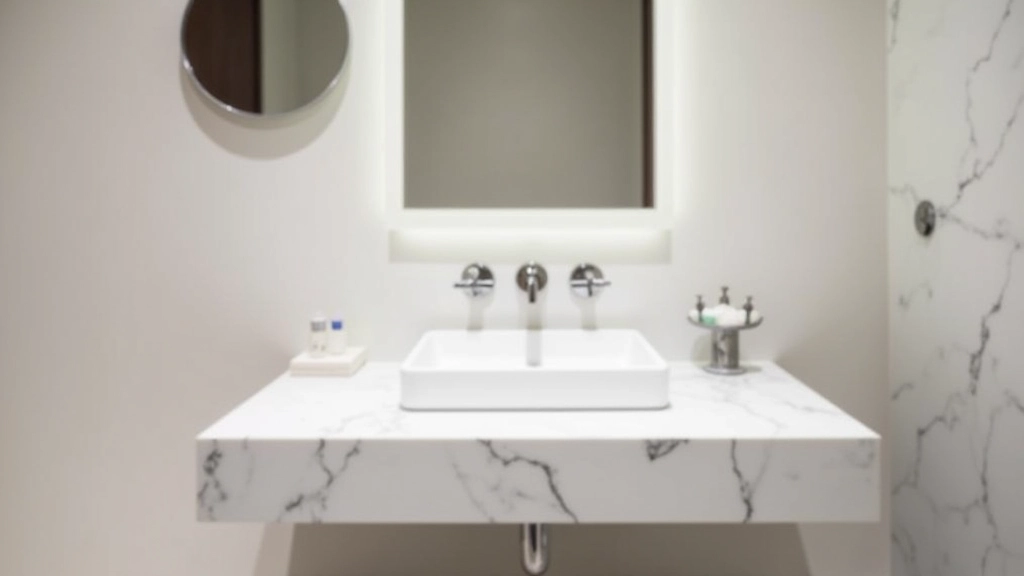 Bancone bagno moderno con piano in marmo di Carrara, lavandino integrato in ceramica bianca, rubinetteria cromata, specchio con cornice in acciaio, illuminazione a LED