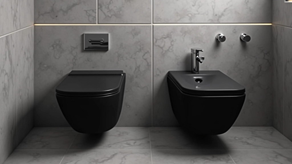 Bagno completo con vaso integrato bidet, sedile nero moderno, rubinetteria cromata, parete piastrellata in grigio scuro, accessori minimalisti, illuminazione LED sottile