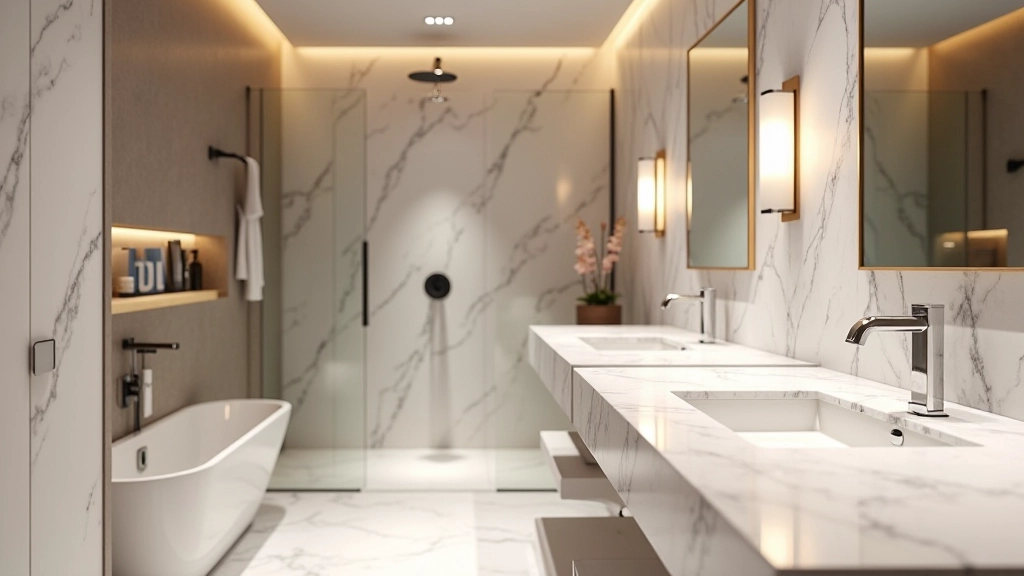Bagno moderno con marmo di Carrara, rubinetteria in acciaio inox e piastrelle ceramiche di qualità, illuminazione soffusa e design italiano contemporaneo