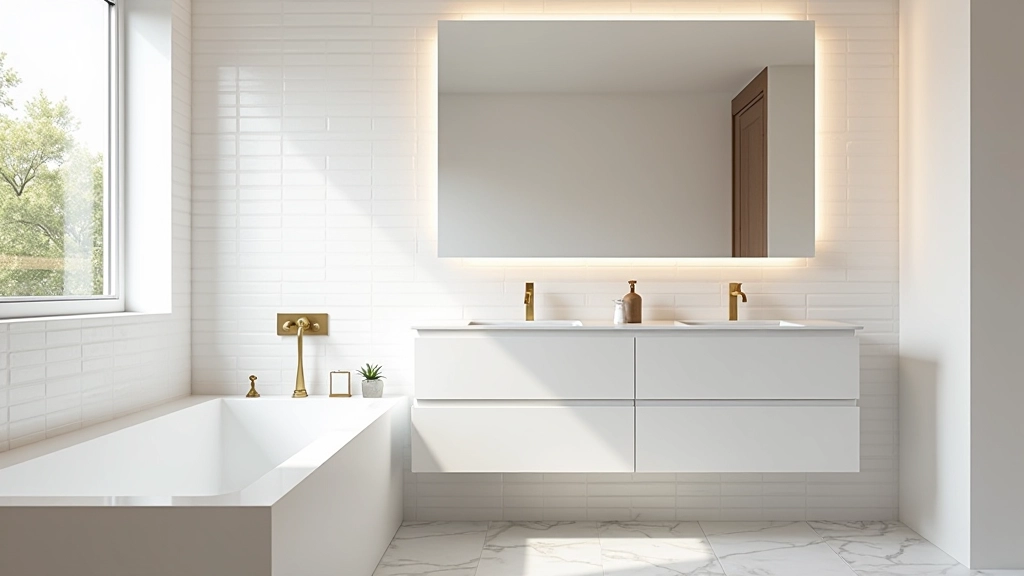 Bagno moderno con piastrelle bianche e finiture in ottone, lavandino sospeso con specchio illuminato
