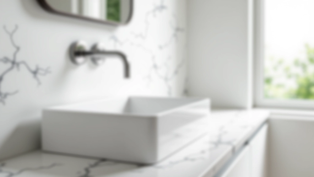 Lavabo da appoggio in marmo bianco con forma geometrica, rubinetteria a parete cromata, specchio minimalista, piano di appoggio in marmo di Carrara, luce naturale dalla finestra