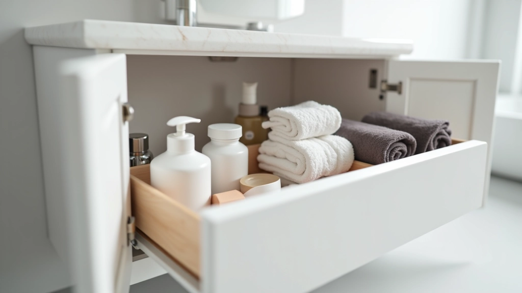 Interno di armadietto bagno ben organizzato con articoli disposti per funzione: medicinali in un cassetto, prodotti per capelli in un altro, asciugamani piegati ordinatamente