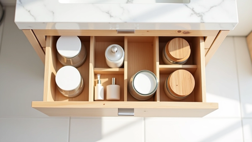 Cassetto bagno aperto con vari contenitori di bambù, barattoli di vetro e organizzatori che suddividono gli articoli per categoria