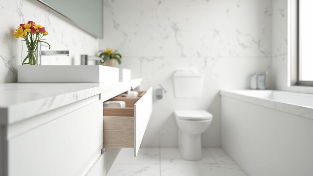 Bagno organizzato con armadietti bianchi, cassetti aperti che mostrano soluzioni di stoccaggio interne, scaffali e contenitori