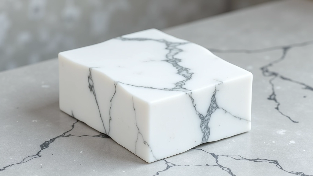 Blocco grezzo di marmo di Carrara estratto dalla cava, con superficie irregolare e venature grigio-blu naturali visibili, illuminazione naturale da cava, dettagli texture