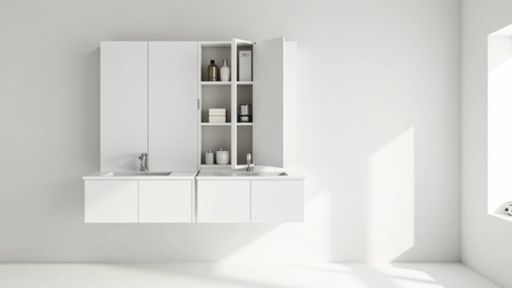 Armadietto bagno sospeso bianco con due ante, una aperta che mostra scaffali interni con bottiglie e contenitori organizzati