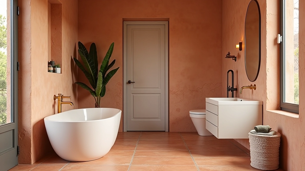 Bagno con piastrelle terracotta e finiture naturali