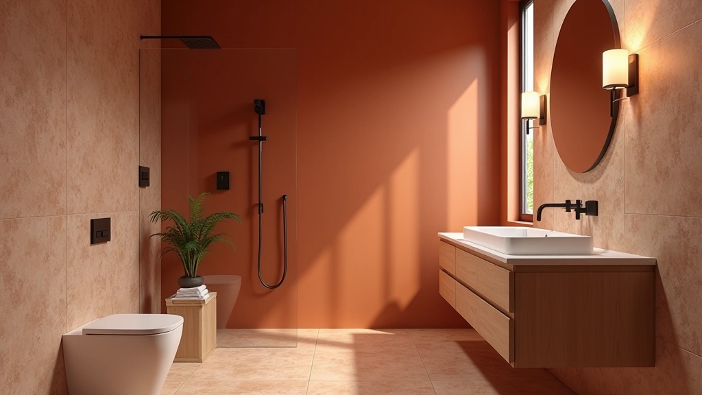 Bagno caldo con piastrelle in tonalità terra, doccia moderna con piatto a filo, mobili legno naturale, specchio rotondo